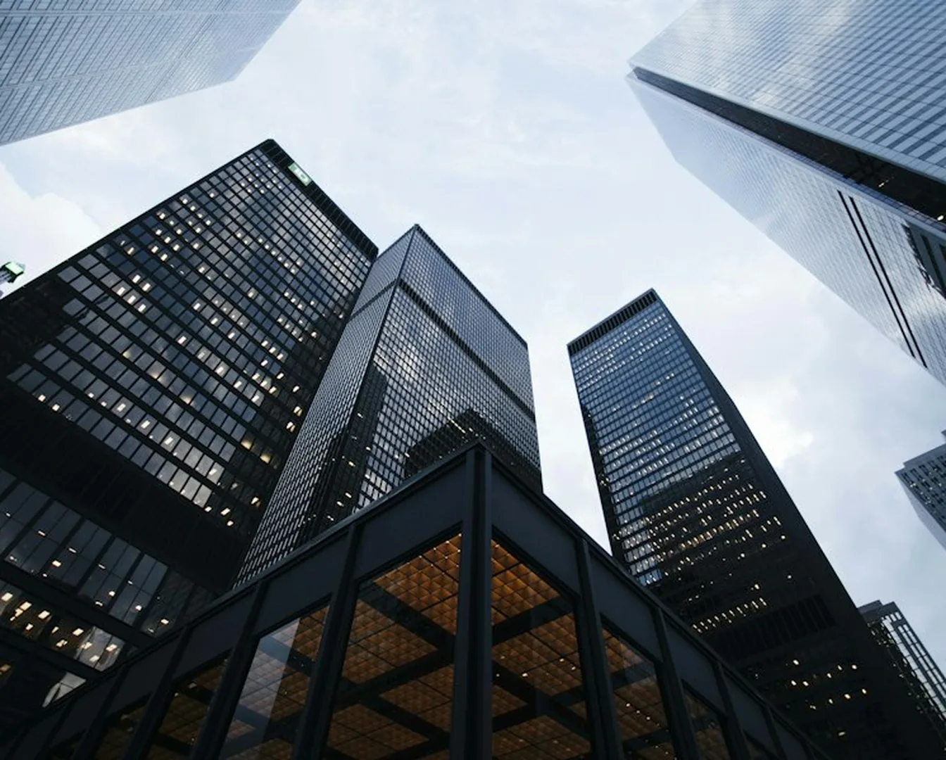 Glass curtain wall towers in a business district